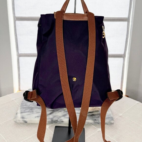 Longchamp Le Pliage Original Foldable Backpack - Purple Nylon & Brown Leather - Picture 2 of 14